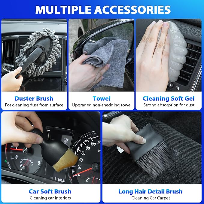 THINKWORK Car Cleaning Kit, High Power Vacuum with Detailing Brush Set | 8000PA Suction, Cleans Tight Gaps, Pet Hair & Crumb Removal, Corded Handheld, Washable Filter, Car & Home, Gift