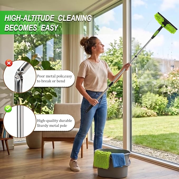 67" Window Squeegee for Window Cleaning with Extension Pole, 3-in-1 | Rotatable Lock Design,Stainless, Professional Window Cleaner Tool Kit for Indoor Outdoor High Windows,Car Glass,Shower Doors