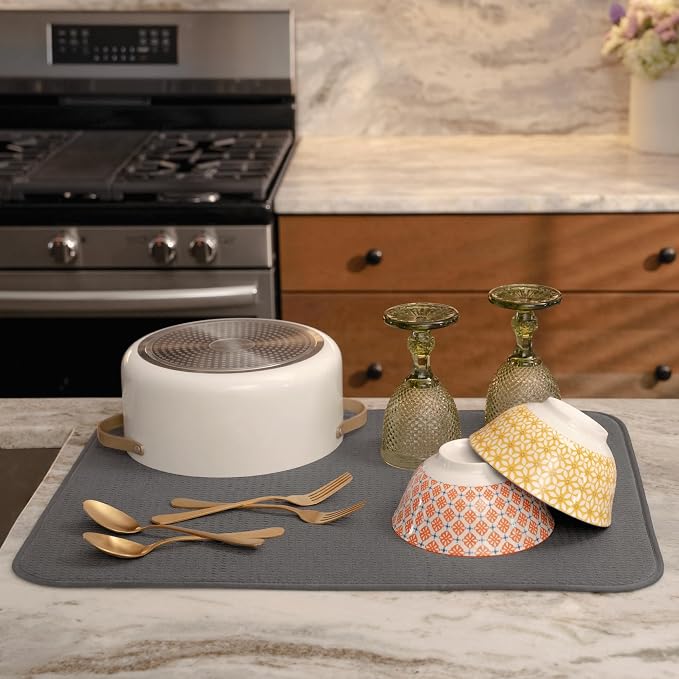 S&T INC. AURA Dish Drying Mat XL 2 Pack, 18” x 24”, Made from Recycled Materials, Absorbent Microfiber Kitchen Counter Mat, Dish Drying Pad for Dishes, Utensils, Pots & Pans, Extra Large, Charcoal