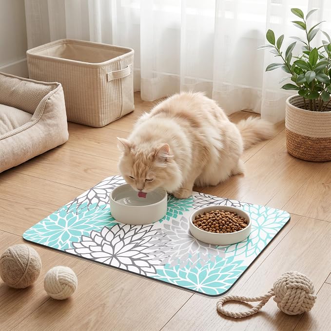 Findosom 2PCS 17" x 32" Dish Drying Mat & 24" x 5.5" Sink Splash Guard, Super Absorbent & Cuttable Dish Mat Drying Kitchen Mat with Teal Floral, Hide Stain Drying Mat for Kitchen Counter