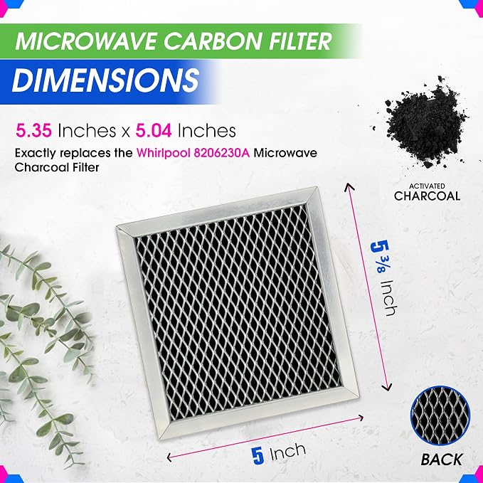 Microwave Charcoal Filter 5.35” x 5.03” for 8206230A Maytag and Whirlpool Microwave Filter Replacement - Carbon Filters Freshens and Filters Kitchen Air in Over the Range Oven Vent Fan (2-Pack)