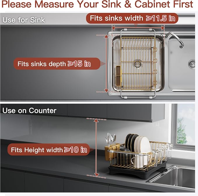 JASIWAY Gold Dish Drying Rack in Sink, Expandable Stainless Steel Dish Drainers with Drainboard for Kitchen Counter, Space Saving Dish Dryer Rack, Over The Sink Dish Racks with Utensil Holder