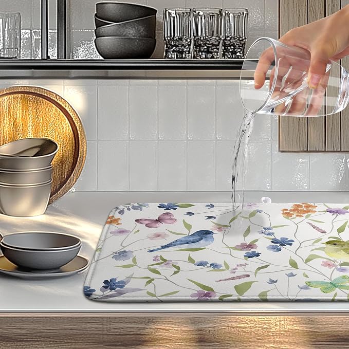 Spring Floral Birds Dish Drying Mats Spring Summer Dish Mat Green Leaf Butterfly Drying Matt Dishes Dryer Pad for Kitchen Counter Absorbent Microfiber Washable Foldable Reusable 18x24 in