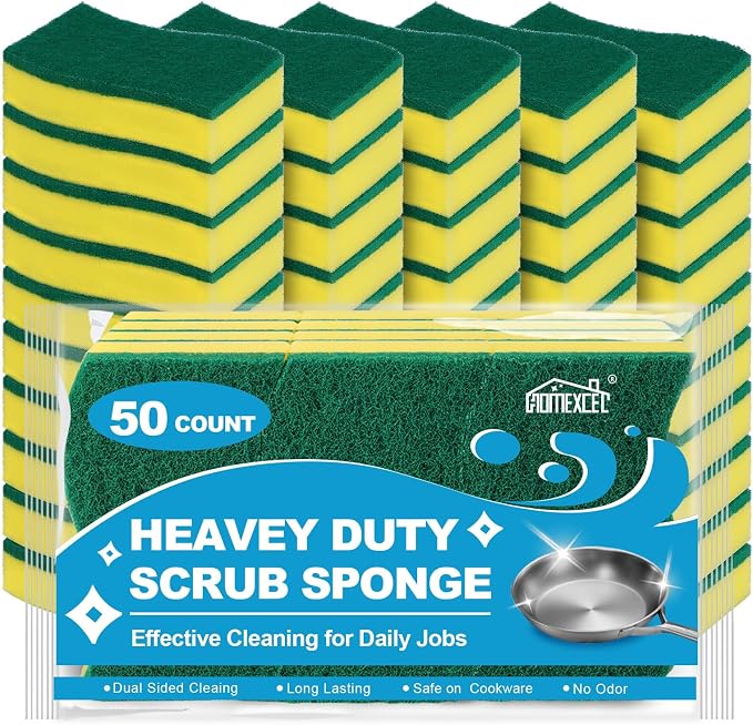 HOMEXCEL Sponges Kitchen 50pcs Heavy Duty for Dishes, Yellow Scrub Cleaning Sponge for Non-Coated Cookware, Dishes, Pots, Pans, Dual Sided Dish Sponge for Kitchen, Household, Bathroom