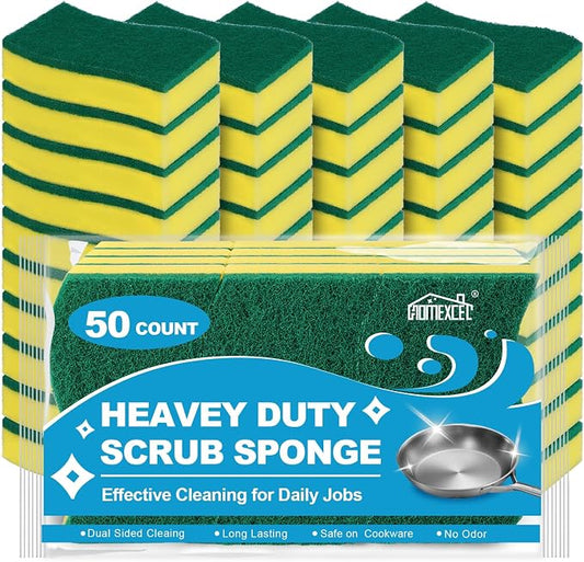 HOMEXCEL Sponges Kitchen 50pcs Heavy Duty for Dishes, Yellow Scrub Cleaning Sponge for Non-Coated Cookware, Dishes, Pots, Pans, Dual Sided Dish Sponge for Kitchen, Household, Bathroom