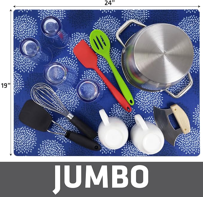 Drymate Jumbo XL Dish Drying Mat (19”x24”), Low-Profile, Super Absorbent, Quick Dry Fabric, Waterproof & Slip-Resistant, for Kitchen Counter, Trimmable, Easy to Clean (USA Made)(GoodBlue)