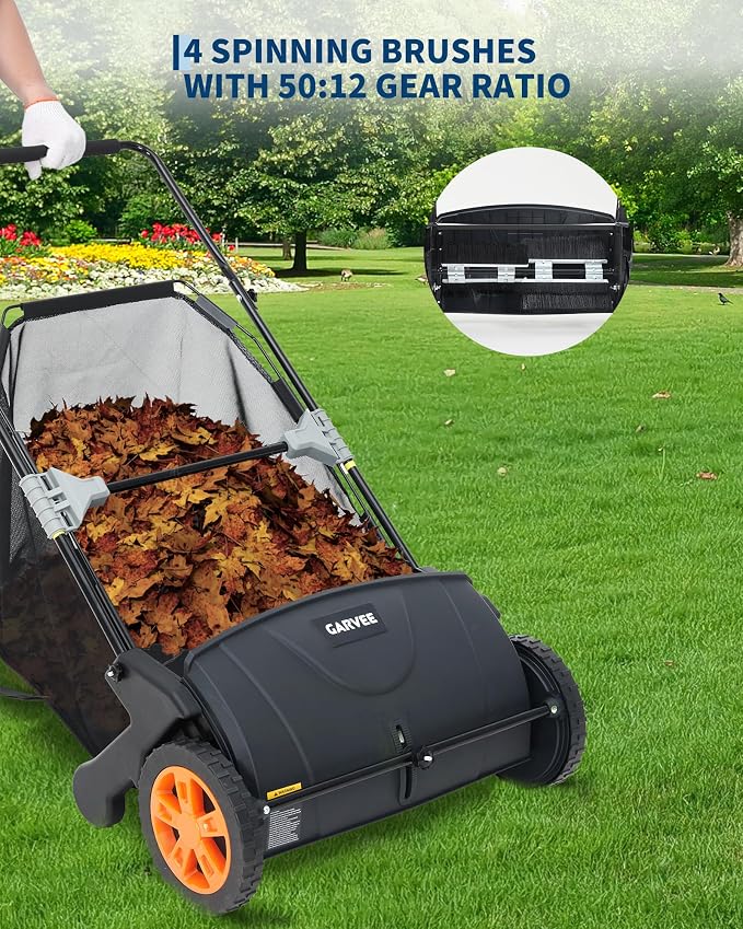 21-Inch Push Lawn Sweeper, 3.5 Cu. Ft. Hopper Leaf & Grass Collector, 4 Spinning Brushes, Adjustable Brush Height, Manual Yard Sweeper for Grass Clippings, Leaves & Light Debris, Black & Orange | 4 Spinning Brushes, Adjustable Brush Height, Manual Yard...
