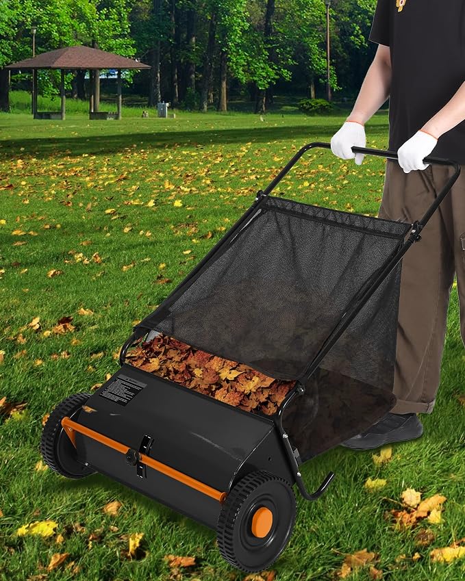 Garvee 26" Push Lawn Sweeper, Heavy Duty Walk Behind Leaf Collector | Yard Sweeper for Outdoor, Patio, Driveway, Garden Grass Sweepers, 4 High Speed Spinning Brush, 7 Cu. ft Hopper Capacity