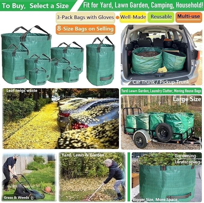 Professional 3-Pack 137 Gallon Extra Large Lawn Garden Bags (D34,H34 in) Reusable Yard Waste Bags with Gardening Gloves for Big Leaf Bag,Lawn Weeds,Grass Clippings Bag,Yard Debris Containers 4 Handles