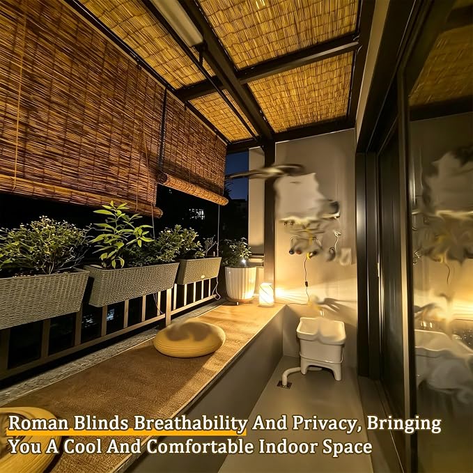 Outdoor Retro Bamboo Shades for Home Garden Bamboo Porch Light Filtering Roller Blinds Cordless Waterproof Sun Shade Roll Up Curtain with Lifter Blackout Privacy Screen