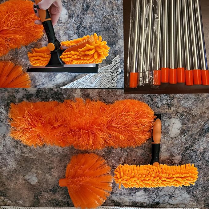 20+ Feet High Reach Duster Kit with 3-14 ft Extension Pole // High Ceiling Dusting and Window Cleaning Kit with Spliceable Pole - Window Washer & Squeegee, Cobweb Duster, Fan Blade and Feather Dusters
