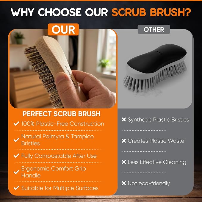 All-Natural Wooden Scrub Brush Set | Wooden Handle | Palmyra Bristle Brush for Cleaning | Eco Friendly Cleaning Products | Scrub Brush Set of 2