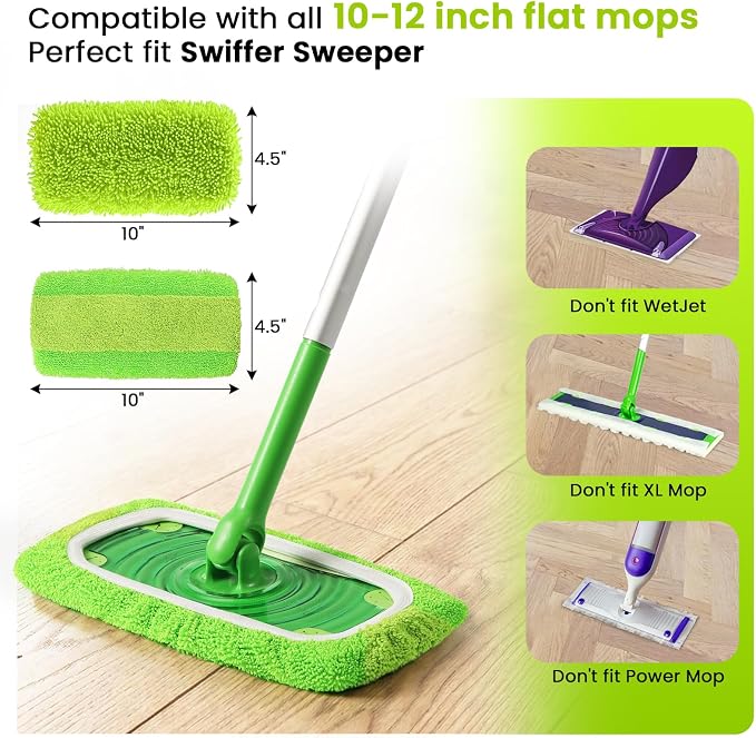 2-in-1 Reusable Microfiber Mop Pads Compatible with Swiffer Sweeper for Wet Mopping & Dry Sweeping, Two Types of Washable Heavy-Duty Mop Pad Refills for Multiple Floor Types Cleaning - 4Pcs, Green
