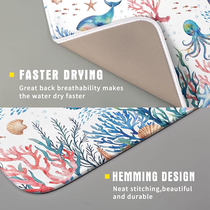 Giwawa Coastal Ocean Dish Drying Mat Seahorse Whales Drainer Rack Mats 16"x18" Absorbent Microfiber Dish Drying Pad Protector for Kitchen Counter