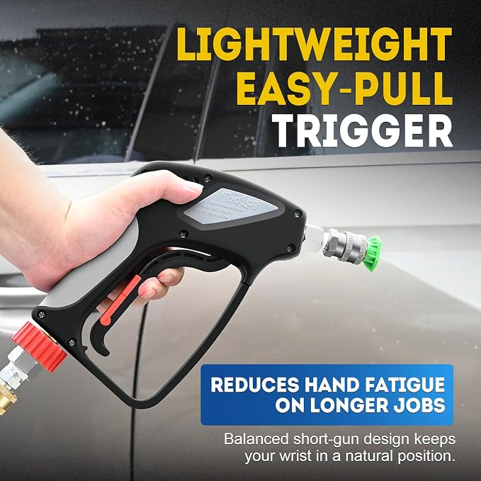 TOOLCY Pro Short Pressure Washer Gun Stainless Steel 3/8" Swivel Fitting | 5000 PSI 1/4" Quick Connect Outlet M22-14mm Male Thread Adapter with 5 Nozzle Tips For Foam Cannon