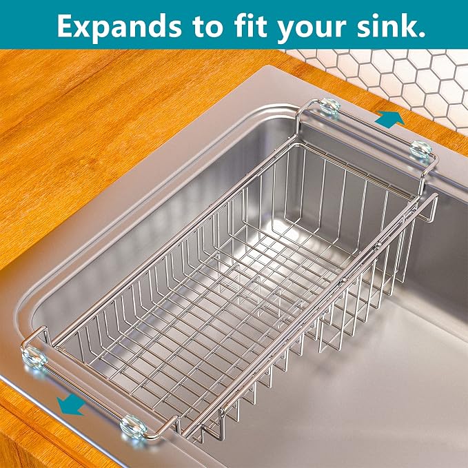 Over the Sink Caddy, Expandable Stainless Steel Sponge Holder for Kitchen Sink, 14.5-22 in Sink Organizer Rack for Sponge, Soap, Brush, Dish Cloth and Rag, Rust-Resistant Drying Holder