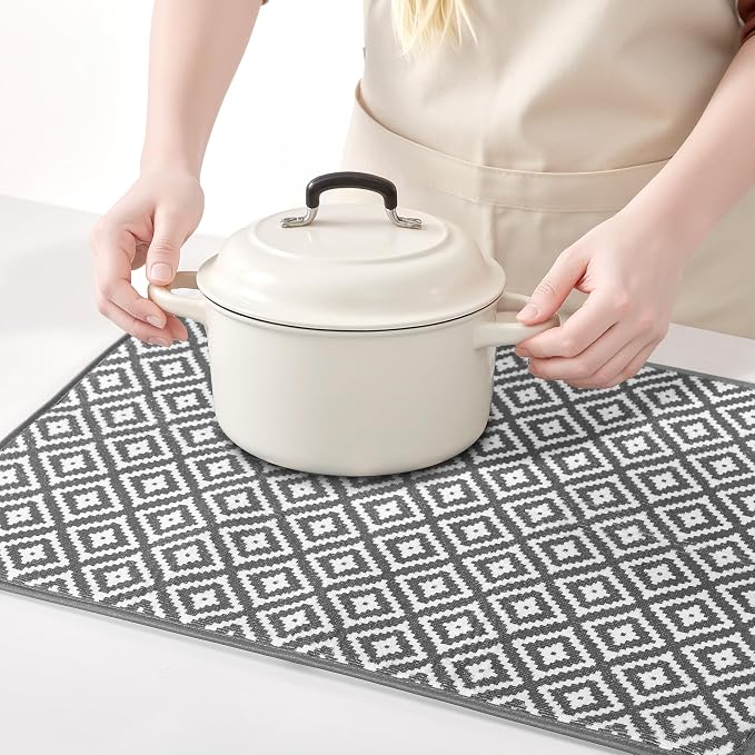 Subekyu 2 Pack Dish Drying Mat, 24*18 inch Ultra Absorbent Microfiber Dishes Drainer Mats for Kitchen Counter, Large Size Dish Drying Pad with Rhombus patterns