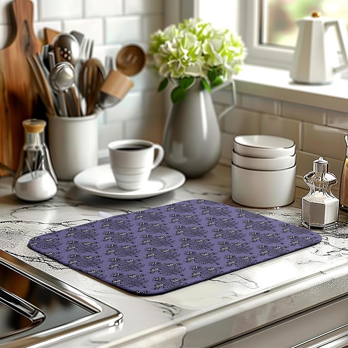 Happy Halloween Dish Drying Mat Haunted Ghosts Drying Mats Purple Spooky Skull Scary Dishes Drying Pad Microfiber Absorbent Reversible Dish Drainer Rack Mat for Kitchen Counter 16x18