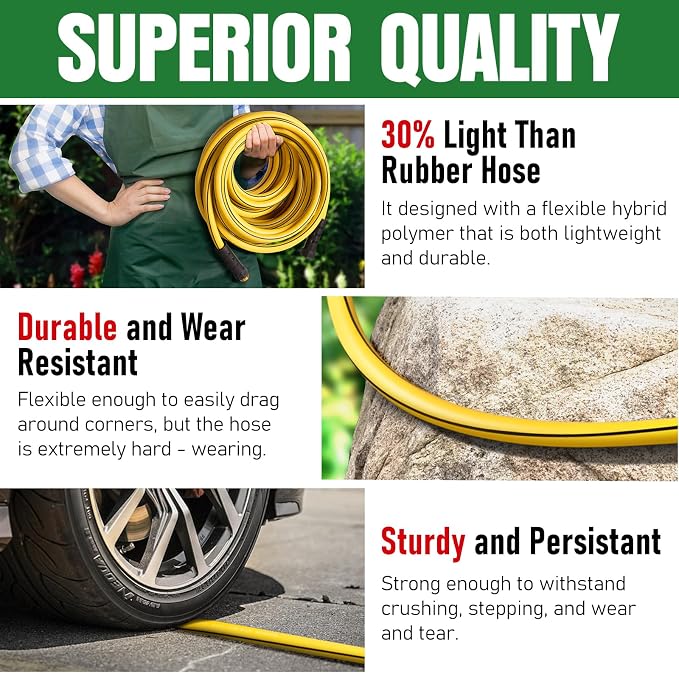 Garden Hose 75 ft x 5/8" with Nozzle, Water Hose Heavy Duty Flexible, Lightweight Kink-less Hybrid Hose with Swivel Handle, Male to Female Fittings
