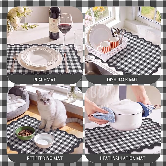 Scalloped Gingham Coffee Mat 12" x 20" Absorbent Coffee Bar Mat Gingham Espresso Matt for Counter(Black, White)