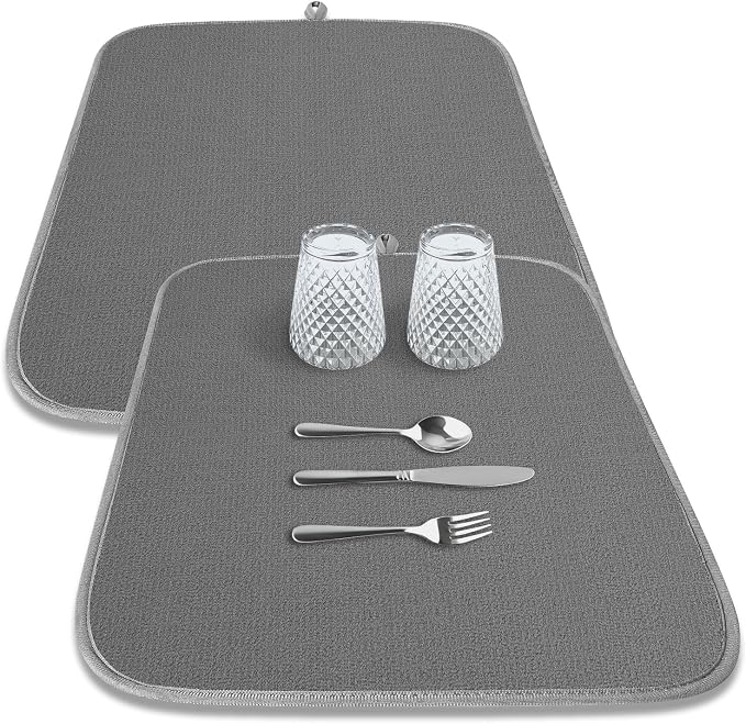 Kitsure Dish Drying Mat - 2-Pack Washable Microfiber Drying Mat for Kitchen Counter, 3-Layer Ultra Absorbent Pad with a Hanging Hook, 18" x 16", Dark Grey