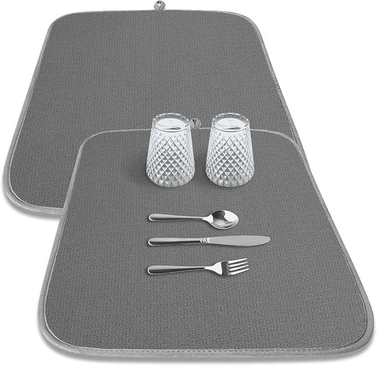 Kitsure Dish Drying Mat - 2-Pack Washable Microfiber Drying Mat for Kitchen Counter, 3-Layer Ultra Absorbent Pad with a Hanging Hook, 18" x 16", Dark Grey