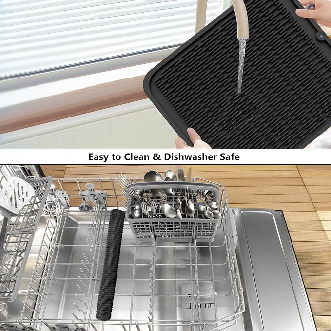 ZLR 2 Pcs Heavy-Duty Silicone Dish Drying Mat (16" x 18" / 401 x 455mm) - XL Family-Size Thick 5mm Drainboard for Pots, Pans & Heavy Cookware - Oversized Trivet & Counter Protector, Non-Slip (Black)