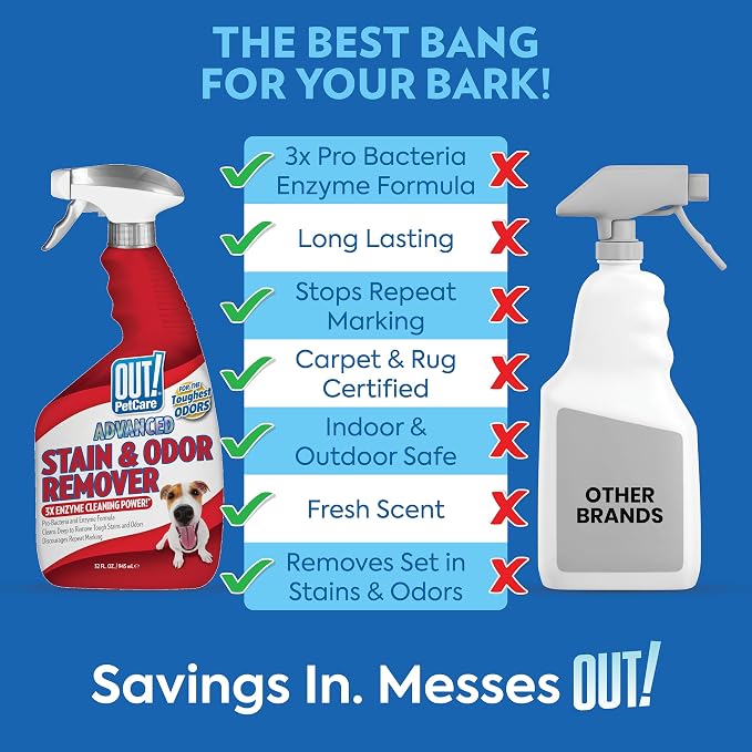 OUT! PetCare Pet Odor & Stain Remover Spray, Carpet & Floor Cleaner, Deodorizer for Dogs & Cats, Made in USA, 32 fl oz (6 Pack)
