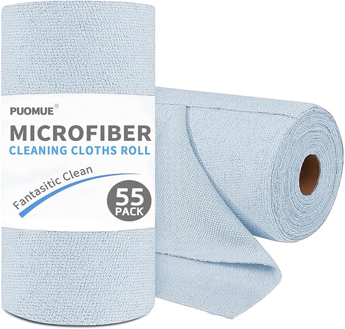 Puomue 55 Pack Microfiber Cleaning Cloth Roll, Tear Away Reusable Towels, 11" X 9", Ultra Absorbent & Lint Free Microfiber Cloth for Cleaning Cars, Kitchen, Window, and Shop (Light Blue, 9"X11"-55PK)