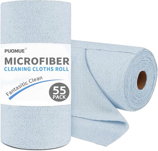 Puomue 55 Pack Microfiber Cleaning Cloth Roll, Tear Away Reusable Towels, 11" X 9", Ultra Absorbent & Lint Free Microfiber Cloth for Cleaning Cars, Kitchen, Window, and Shop (Light Blue, 9"X11"-55PK)