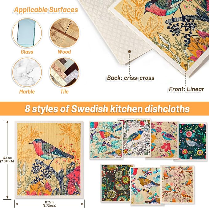 Lucomb 8 Pack Swedish Dishcloths for Kitchen, Reusable Soft Kitchen Towels Dish Cloths Set Absorbent Sponge Cleaning Washable Quick Drying Bar Hand Washing (Birds Flowers)