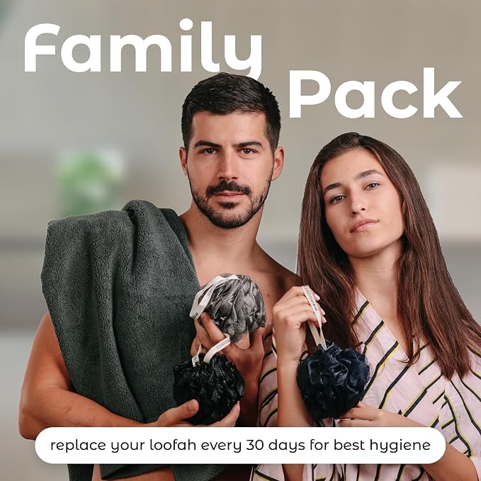 MainBasics Shower Loofah Sponge Pouf, Set of 3, Black Ice | Soft Mesh Body Scrubber and Bath Sponge for Gentle Exfoliation, Rich Lather, and Everyday Shower Use
