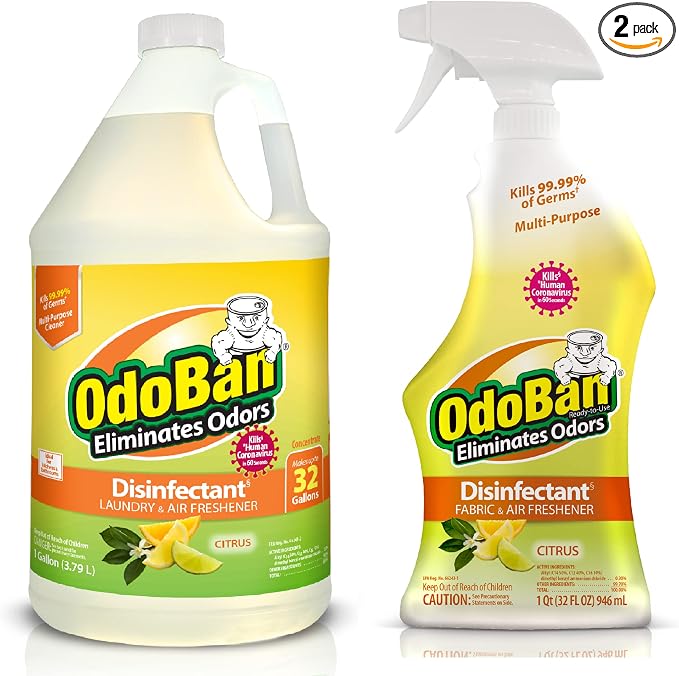 OdoBan Ready-to-Use Disinfectant and Odor Eliminator, Made in the USA, Citrus Scent, Set of 2, 32 oz Spray and 1 Gallon Concentrate