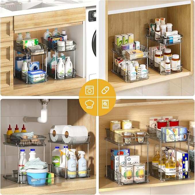 Delamu 2-Tier Under Sink Organizers and Storage, Multi-Purpose Stackable Bathroom Cabinet organizers, Pull Out Kitchen Pantry Organization and Storage with Dividers(3 Pack, Grey)
