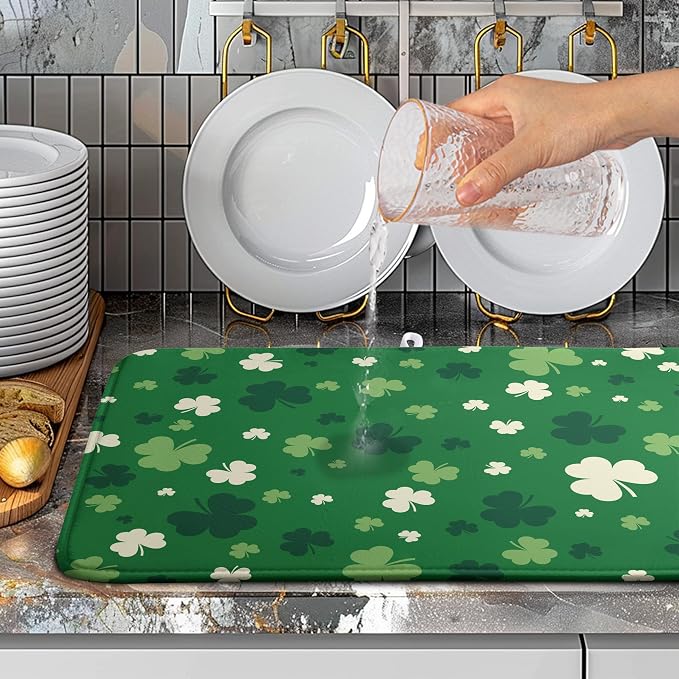 Green Shamrock St. Patrick's Day Dish Drying Mat for Kitchen Counter Lucky Clover large Dish Drying Pad Absorbent Reversible Microfiber Draining Pad Washable Drying Mats 18x24 Inch