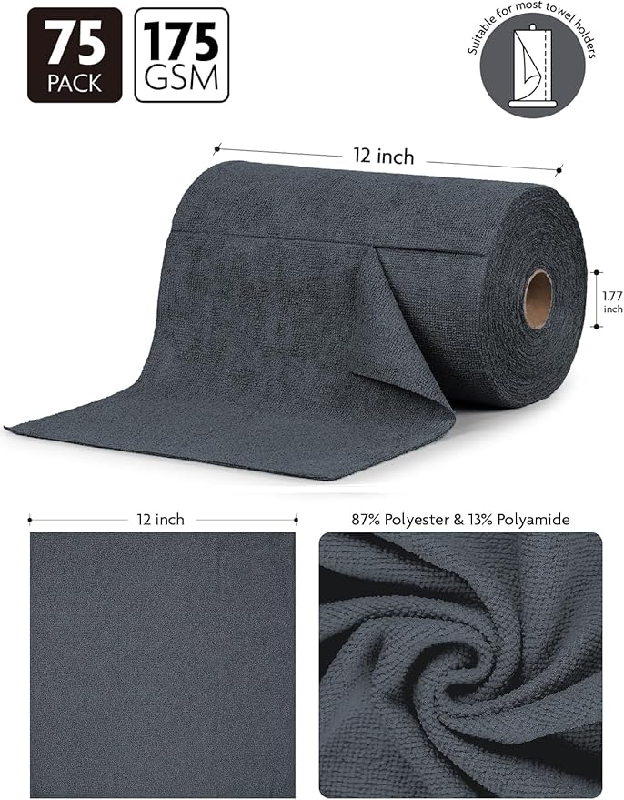 Fantasticlean Microfiber Cleaning Cloth Roll- 75 Sheets, 12" x 12"(Dimgrey) | Super Absorbent, Lint-free, Tear-away Microfiber Towel Roll, for All-Purpose Cleaning, Reusable Alternative to Paper Towels