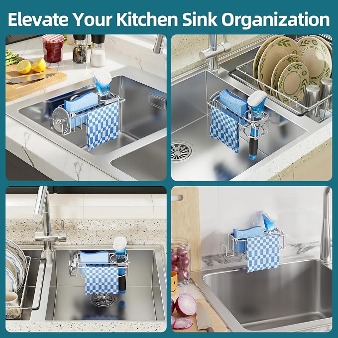 TAILI 4-in-1 Sink Caddy with Strong Suction Cup, Sponge Holder for Kitchen Sink Organizer, Removable, Rustproof, Stainless Steel Holder for Sponge, Brush, Scrubber, Scraper - Silver