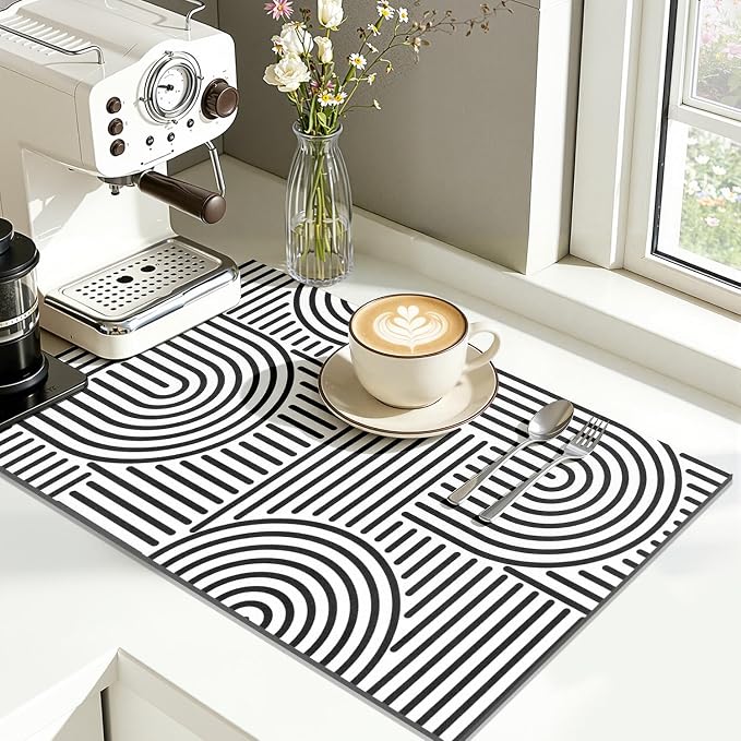 Findosom Dish Drying Mat, 12" x 20" Super Absorbent Dish Mat with Modern Geometric Striped, Hide Stain Drying Mat for Kitchen Counter, Under Dish Rack, Coffee Maker, Espresso Machine, Black & White