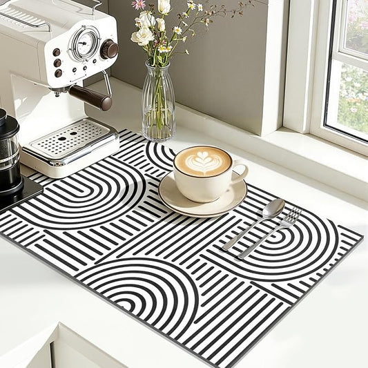 Findosom Dish Drying Mat, 12" x 20" Super Absorbent Dish Mat with Modern Geometric Striped, Hide Stain Drying Mat for Kitchen Counter, Under Dish Rack, Coffee Maker, Espresso Machine, Black & White