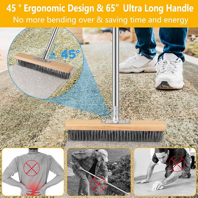 Stainless Steel Deck Brushes for Scrubbing Heavy Duty, 65" Deck Scrub Brush with Long Handle - Concrete Scrub Brush Stiff Metal Bristle Concrete Brush for Cleaning Moss Patio Garage Garden Pool Floor