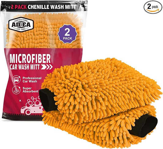 AIDEA Car Wash Mitt Microfiber, 2PK, Car Wash Brush, Orange, 8''X12'' | Scratch Free Lint-Free, Premium Chenille Microfiber Mitt, Cleaning Supplies, Extra Large Size