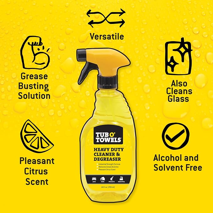 Tub O' Towels Heavy Duty Cleaner and Degreaser Spray Helps in Removing Oil Tar Paint Dirt Caulk Grease Grime Gunk Epoxies, Industrial Strength, Home & Auto, Made In USA, Citrus Scent, 24oz, 3-Pack
