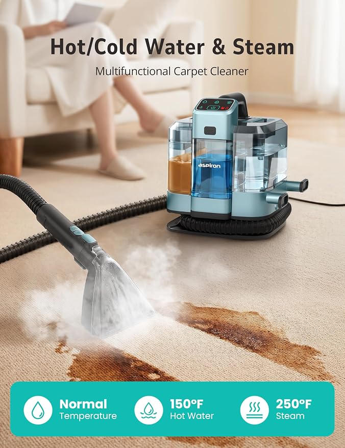Aspiron Carpet Cleaner,Fast Heating Steamer,Carpet Cleaner Machine for Home,Hot/Cold Water & Steam Wash,Spot Cleaning,20Kpa Powerful Suction,300ML Cleaning Solution,for Upholstery,Sofa,Pet Stain,Car