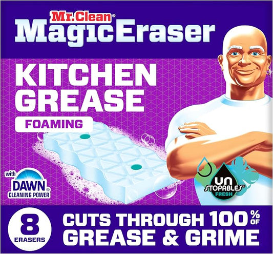 Mr. Clean Magic Eraser Foaming Sponge, Kitchen Grease Eraser, Dawn Cleaning Power, Oven Cleaner, Unstopables Fresh, 8ct