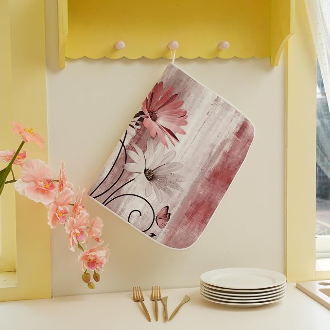 Floral Dish Drying Mat 18x24 Inches For Kitchen Counter Pink Daisy Flower Kitchen Decoration Drying Mat Modern Decorative Drying Pad For Home Kitchen Decor,Dining Room,Office Decoration