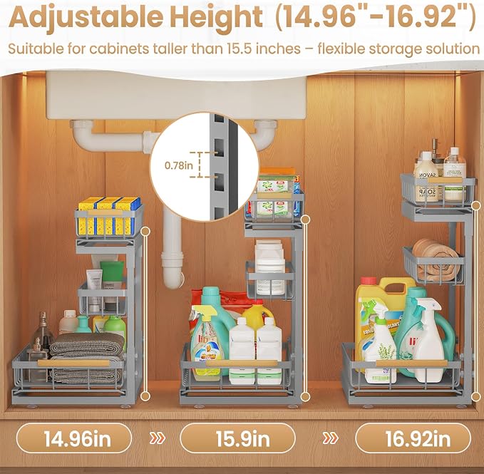 Under Sink Organizer and Storage - 3 Tier Cabinet Pull Out Shelf Organizers | 2 Pack 3 Tier under sink storage for Bathroom and Kitchen Slide Out Drawer Organization for Home Cabinets Shelves and Drawers