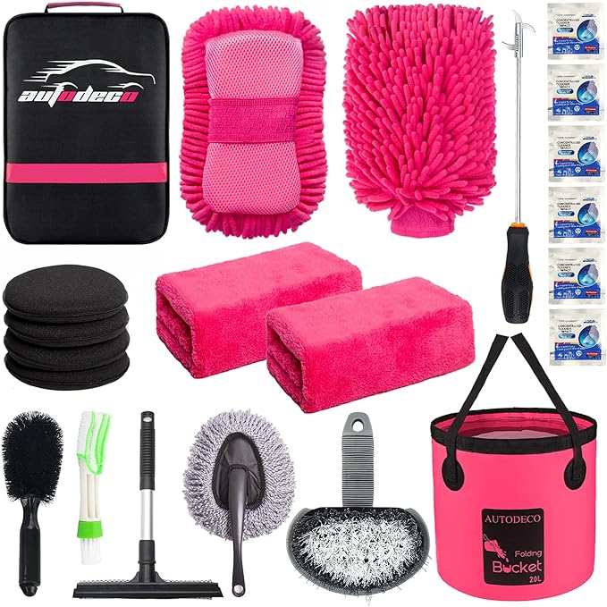22Pcs Car Wash Cleaning Tools Kit Car Detailing Set with Canvas Bag Pink Collapsible Bucket Wash Mitt Sponge Towels Tire Brush Window Scraper Duster Complete Interior Car Care Kit