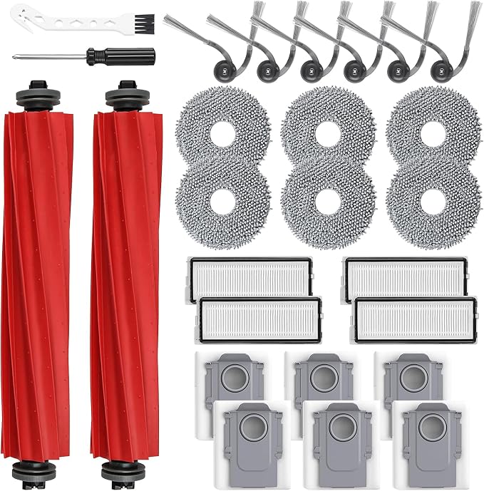 26 Pack Replacement Parts for Roborock QV 35A/35S/Qrevo S Pro Robot Vacuum | 2 Mainbrush 6 Side Brush 4 HEPA Filter 6 Mop Pads 6 Dust Bags 1 Cleaning Brush 1 Screwdriver