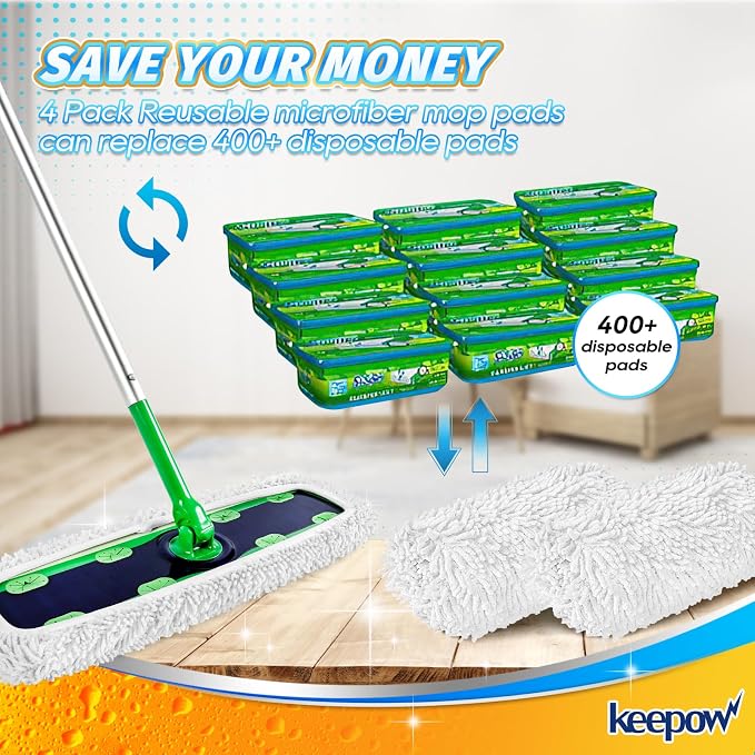 KEEPOW Reusable XL Wet Refills Compatible with Swiffer Sweeper XL, X-Large Dry Sweeping Cloths, Wet Mopping Cloths, Washable Microfiber XL Mop Pads Refills for Surface/Hardwood Floor Cleaning, 4 Pack | X-Large Dry Sweeping Cloths, Wet Mopping Cloths, W...