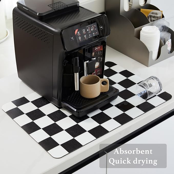 Ohocut Checkered Dish Drying Mat for Kitchen Counter, Coffee Bar Station Accessories, Retro Cute Aesthetic Modern Absorbent Drainer Mat Kitchen Drying Mat Easy Clean, Black 12" x 19"